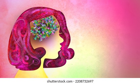 The Female Brain. Flowers And Vines Inside A Woman's Head, With Copy Space. Also Available As An Animation - Search Footage For 7219714.