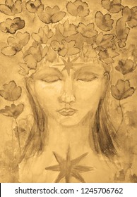 Female buddha with lotus flowers in sepia tones. The dabbing technique near the edges gives a soft focus effect due to the altered surface roughness of the paper.