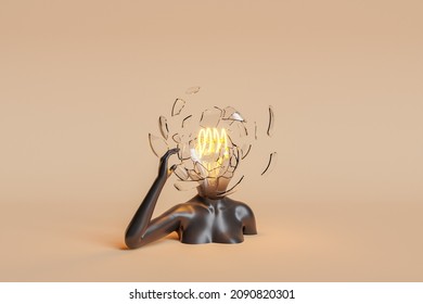 Female Bust With Exploding Light Bulb Head. Explosive Idea Concept, Mental, Learning And Brainstorming. 3d Rendering