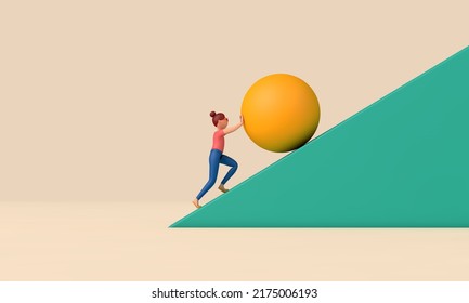 Female character pushing a large ball up a steep hill. Business determination concept. 3D Rendering - Powered by Shutterstock