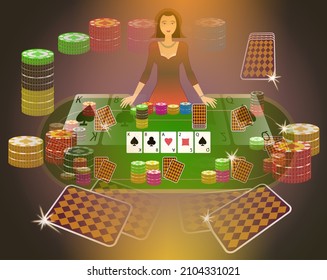 The Female Croupier At The Game Table, Playing Cards, Chips. Illustration