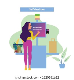 Female customer uses self checkout counter in supermarket, self service lane in grocery store. Flat style stock illustration.