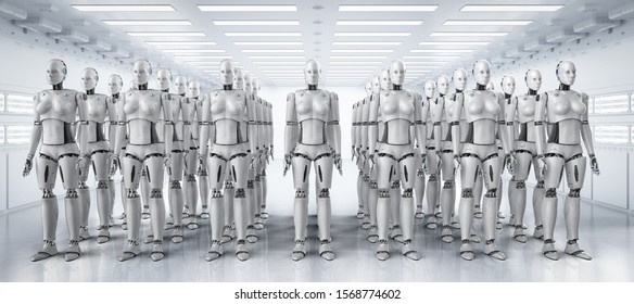 Female Cyborg Army Concept With 3d Rendering Group Of Female Cyborgs Or Robots In A Row