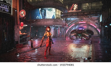 A female cyborg standing in a cyberpunk styled city street at night in the rain, holding a gun in each hand. A futuristic flying car hovers in the background. 3D illustration.