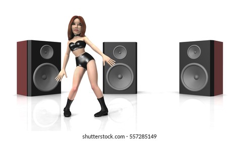 Female dancer in front of loudspeaker boxes
Computer generated 3D illustration