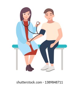 Female Doctor Or Medical Adviser Sits Hospital Bench And Measures Blood Pressure Of Male Patient Isolated On White Background. Man At Cardiology Clinic. Cartoon Illustration In Flat Style