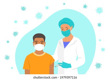 Female doctor or nurse gives vaccine shot to shoulder of patient in hospital. Doctor using syringe to make injection to young man in mask. Coronavirus vaccination concept. Flat modern illustration - Powered by Shutterstock