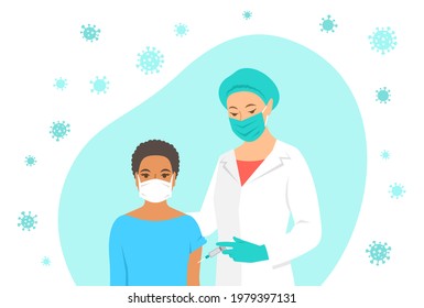 Female doctor or nurse gives vaccine shot to shoulder of patient in hospital. Doctor using syringe to make injection to young woman in mask. Coronavirus vaccination concept. Flat modern illustration - Powered by Shutterstock