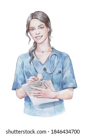 Female Doctor Smiling Looking At Camera Watercolor Art