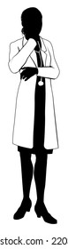 A Female Doctor With White Coat And Stethoscope In Silhouette With Hand On Chin In Thought