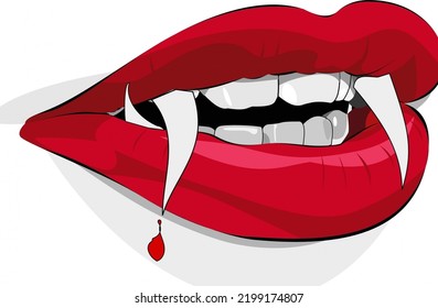 Female Dracula Lips Illustration Design Drop Of Blood From Right Tooth With A White Background 