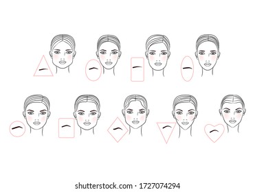 Female Eyebrow Shapes In Accordance With The Shape Of The Face. Line Art Design. Illustration