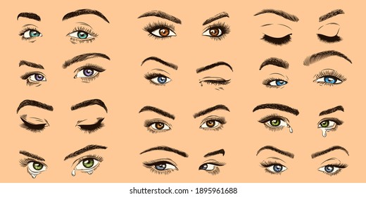 Female eyes. Open, closed and crying colored women eyes with luxurious lashes, perfect eyelash, girl makeup isolated  collection. Winking lady. Models for advertisement design