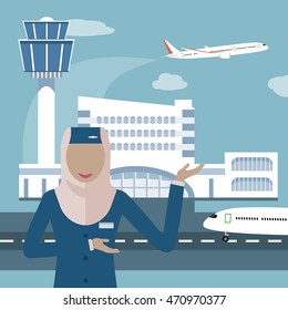 Female Flight Attendant, A Muslim Woman In Hijab. Muslim Airline Icon. The Stewardess On The Airport And Plane Background. Arab Air Hostess. 