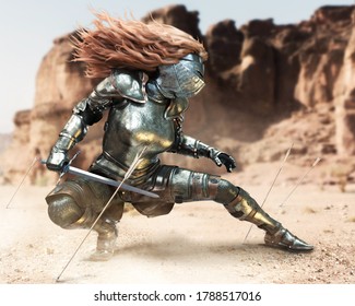 Female Fully Armored Red Headed Warrior Stands In A Guard Battle Stance After Dodging A Volley Of Arrows On The Battlefield . 3d Rendering Illustration