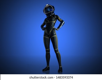 Female Futuristic Astronaut Dressed Suit With Helmet On Blue Background.- 3d Render