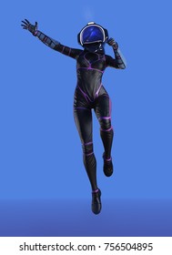 female futuristic astronaut on air or jumping on blue background.- 3d render