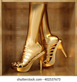 Female Gold Legs Wearing Summer High Heels Over Golden Background