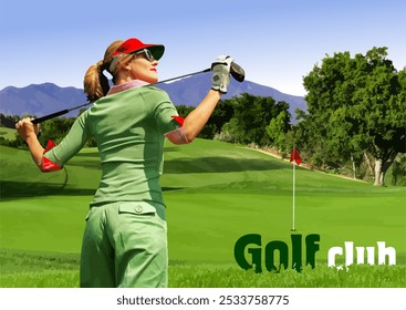 Female golfer is swinging her club on a beautiful golf course, celebrating a successful swing - Powered by Shutterstock