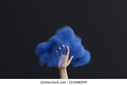 Female Hand In Blue Fluffy Cloud On Dark Background. Mental Health Metaphor Concept. 3d Render, 3d Illustration. 3D Illustration