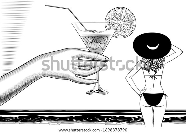 海を見る海岸の上で カクテルを持つ女の手と 水着を着た細い女の子 帽子をかぶった女の子 白黒の線形スタイルを適用した図面 のイラスト素材
