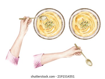 Female Hand Holding Golden Spoon, Mashed Potato, Food. Watercolor Hand Drawn Illustration Isolated On White Background.  For Background, Card, Web Design, Invitations And More