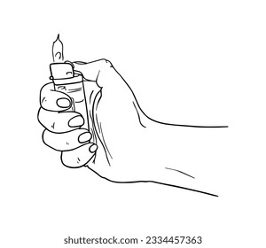 Female hand holding lighter fire doodle linear cartoon coloring book