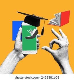 Female hand holding mobile phone with flying books and graduation cap around. Contemporary art collage. Ability to get qualification all around the world. Concept of online education, e-learning - Powered by Shutterstock