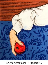 female hand with a red juicy apple. illustration. white sketch blouse. fashion art. gouache and oil pastel texture