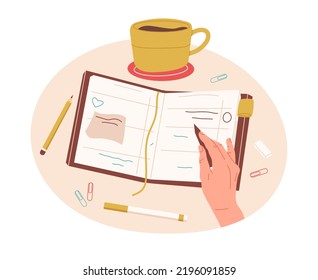 Female hand writing, filling diary, to do list or weekly planner. Hand signing, taking notes, freelance work space with coffee and stationery flat symbols illustration. Paper work concept - Powered by Shutterstock