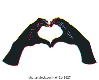 Female Hands In The Form Of Heart. Illustration In Sketch Style With Bias Color Effect Isolated On A White Background. Making Love Sign By Hands. Offset Red, Blue, Yellow Silhouettes.