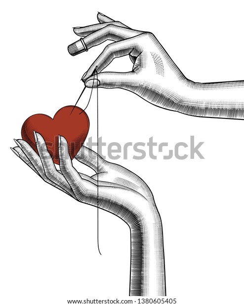針と赤い縫い物の付いた心の形をした女性の手 ビンテージ彫刻様式の図 のイラスト素材
