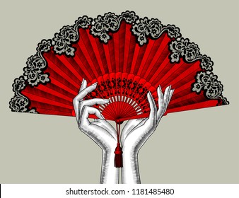 Female hands with red open fan. Vintage engraving stylized drawing - Shutterstock ID 1181485480