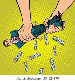 Female Hands Squeeze Men Money, Pop Art Retro  Illustration. Financial Exploitation Of The Business Concept