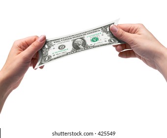 Female hands stretching a one dollar bill