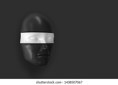 Female head mask on the wall with a part of the face painted in gold color. 3D illustration