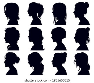 Female Head Silhouette. Women Faces Profile Portraits, Adult Female Anonymous Characters Face Silhouettes. Girls Profiles  Illustration Set