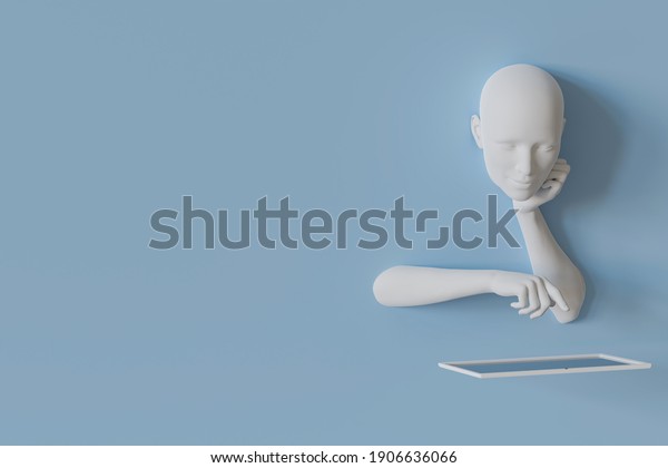 A female head without\
hair, hands protruding from the wall, holding a tablet. Mannequin\
body.  Portrait of a woman, body parts from a blue wall.Concept. 3d\
render. 