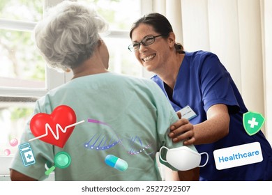 Female healthcare worker smiling at elderly patient. Healthcare icons overlay. Healthcare, patient care, and healthcare worker. Patient care focus. Senior woman at retirement home - Powered by Shutterstock