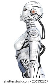 A female high detailed robot with internal cyber technology, side view isolated on white background. 