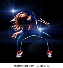 Female hip hop dancer, neon fractal artwork, spot lights at background with rays and flare