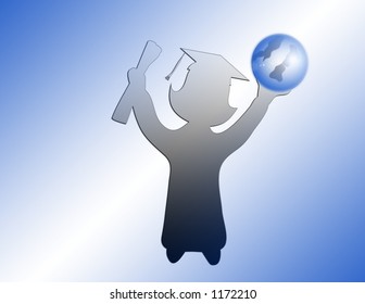 Female holding diploma and globe on graduation day, illustration.