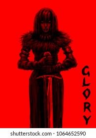 Female knight is glorious warrior the light  Dark knight  Picture in the genre fantasy  Red poster 