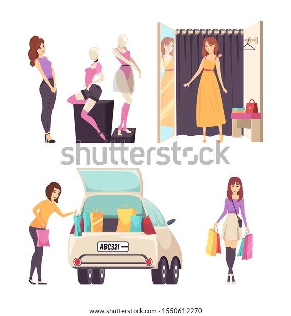Female looking at clothes placed on mannequins\
set raster. Changing room with curtain and mirror, car loaded with\
bags. Woman with purchases in\
hands