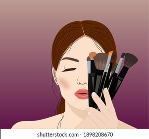 Female With Makeup Brushes. Beautiful Woman, Blush, Concealer, Lips, Lipstick,brown Hair, Brows, Cosmetics.