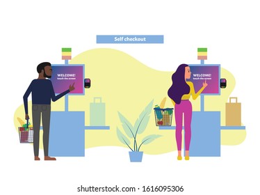 Female and male customers use self checkout counter in supermarket, self service lane in grocery store. Flat style stock illustration.
