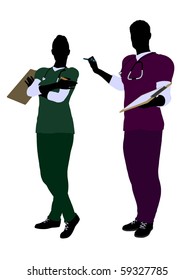 Female And Male Doctor Silhouette On A White Background