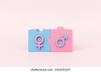 Female Male Symbol Sex Gender Baby Jigsaw Concept. Learn Study Feminine Masculine Boy Girl Education Pink Blue Pastel. Lover Married Couple Sexual Intercourse Or Family Relationship. 3D Illustration.