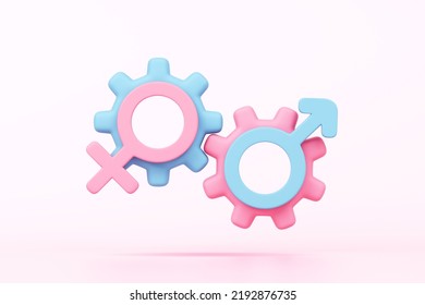 Female Male Symbol Sex Gender Cogwheel Gear Concept. Learn Study Feminine Masculine Boy Girl Education Pink Blue Pastel. Lover Married Couple Sexual Intercourse Or Family Relationship 3D Illustration.