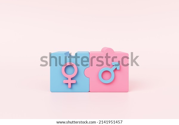 Female male symbol sex gender baby jigsaw\
concept. learn study feminine masculine boy girl education pink\
blue pastel. lover married couple sexual intercourse or family\
relationship. 3D\
Illustration.